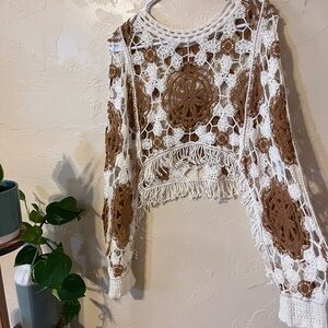 Bohemian Crochet Crop Top - White and Brown